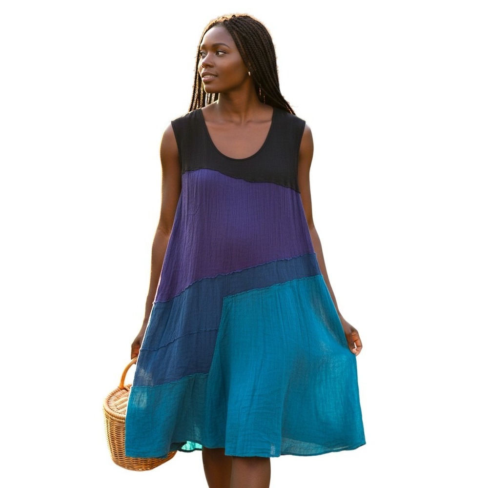 CORRELL Womens Dress Sz M Colorblock Gauze Patchwork Black Purple‎ Cotton Boho